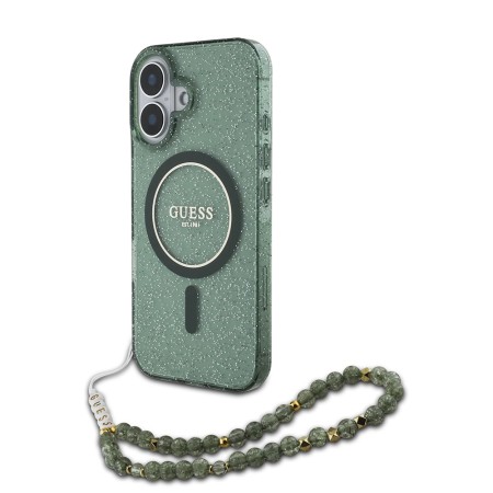 Husa pentru iPhone 16 Plus - Guess IML Glitter with Pearl Strap MagSafe (GUHMP16MHGCRELSA) - Green