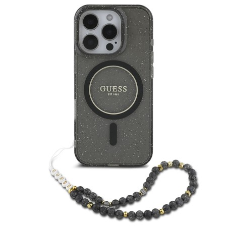 Husa pentru iPhone 16 Pro - Guess IML Glitter with Pearl Strap MagSafe (GUHMP16LHGCRELSK) - Black