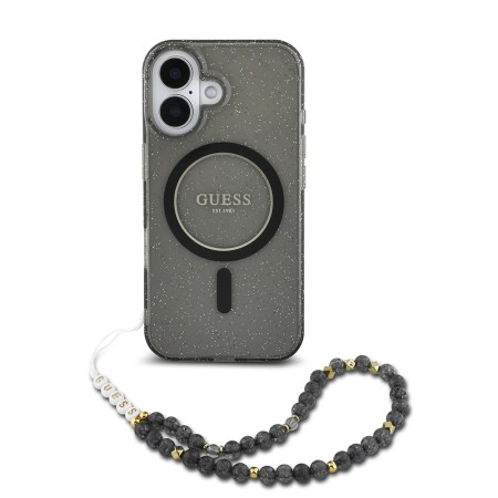 Husa pentru iPhone 16 - Guess IML Glitter with Pearl Strap MagSafe (GUHMP16SHGCRELSK) - Black