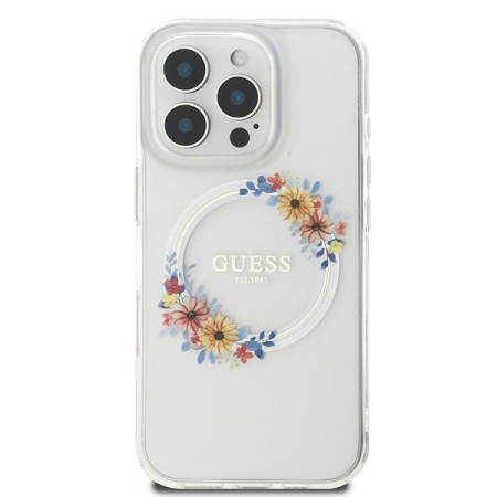 Husa pentru iPhone 16 Pro - Guess IML Flowers Wreath MagSafe (GUHMP16LHFWFCT) - Clear