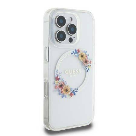 Husa pentru iPhone 16 Pro - Guess IML Flowers Wreath MagSafe (GUHMP16LHFWFCT) - Clear