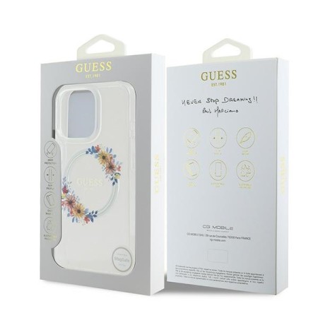 Husa pentru iPhone 16 Pro - Guess IML Flowers Wreath MagSafe (GUHMP16LHFWFCT) - Clear