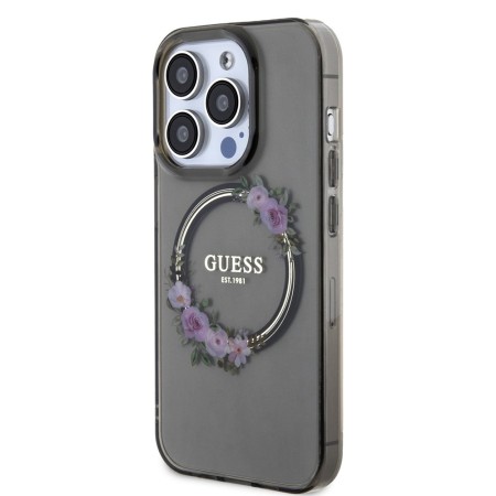 Husa pentru iPhone 15 Pro Max - Guess IML Flowers Wreath MagSafe (GUHMP15XHFWFCK) - Black