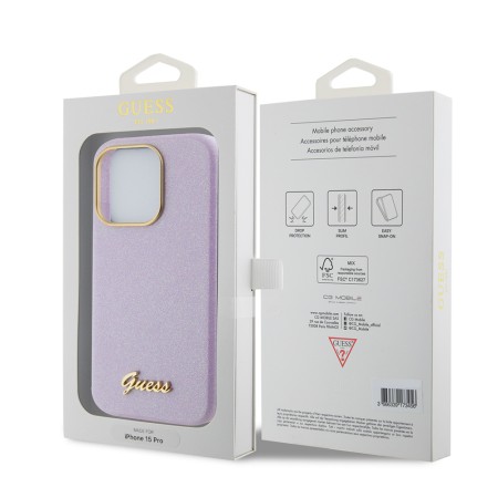 Husa pentru iPhone 15 Pro - Guess Glitter Glossy Script (GUHCP15LPGMCSL) - Light Purple