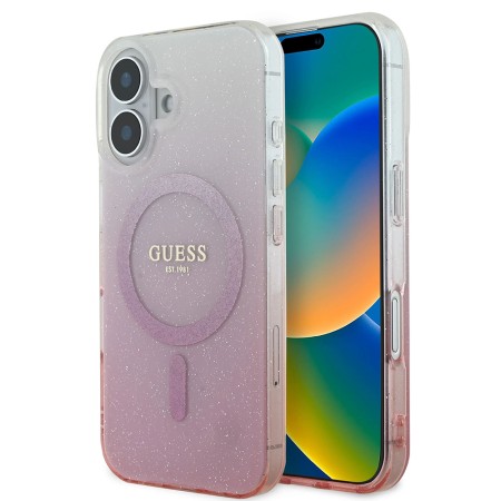 Husa pentru iPhone 16 Plus - Guess IML Glitter Gradient MagSafe (GUHMP16MHGRCELP) - Pink