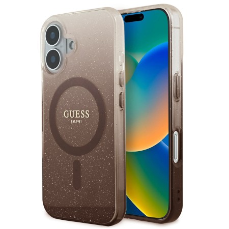 Husa pentru iPhone 16 - Guess IML Glitter Gradient MagSafe (GUHMP16SHGRCELW) - Brown