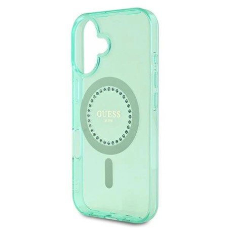 Husa pentru iPhone 16 Plus - Guess IML Rhinestones MagSafe (GUHMP16MPFTDTEN) - Green