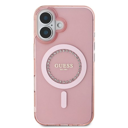 Husa pentru iPhone 16 Plus - Guess IML Rhinestones MagSafe (GUHMP16MPFTDTEP) - Pink