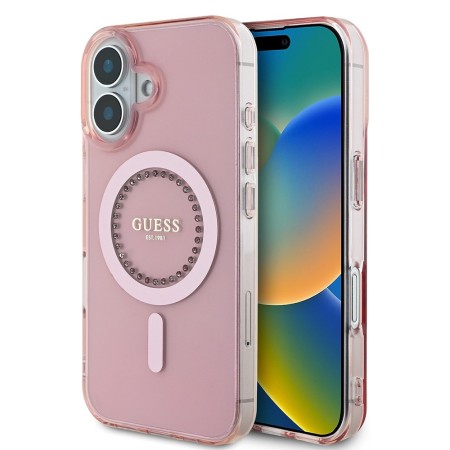 Husa pentru iPhone 16 - Guess IML Rhinestones MagSafe (GUHMP16SPFTDTEP) - Pink