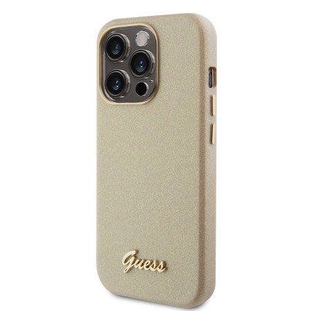 Husa pentru iPhone 15 Pro Max - Guess Glitter Glossy Script (GUHCP15XPGMCSD) - Sparkle Beige