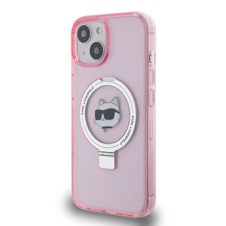 Husa pentru iPhone 15 / iPhone 14 / iPhone 13 - Karl Lagerfeld Hardcase Ring Stand MagSafe (KLHMP15SHMRSCHP) - Pink Choupette Head