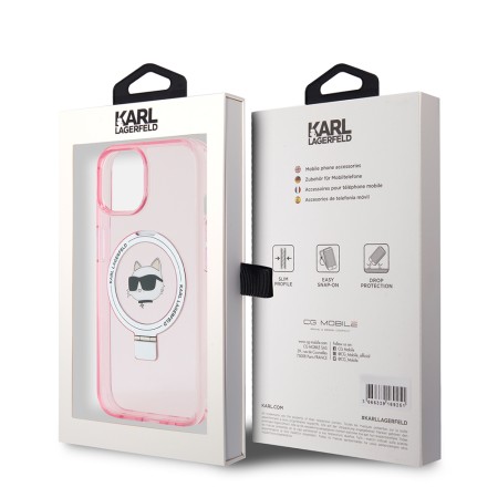 Husa pentru iPhone 15 / iPhone 14 / iPhone 13 - Karl Lagerfeld Hardcase Ring Stand MagSafe (KLHMP15SHMRSCHP) - Pink Choupette Head