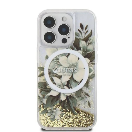 Husa pentru iPhone 16 Pro Max - Guess Liquid Glitter Flower MagSafe (GUHMP16XLFMWTE) - Beige