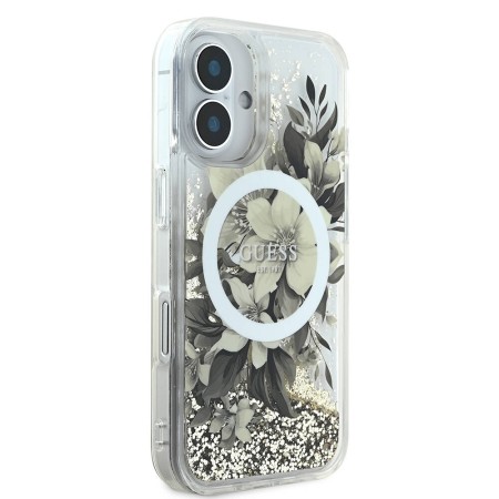 Husa pentru iPhone 16 Pro Max - Guess Liquid Glitter Flower MagSafe (GUHMP16XLFMWTE) - Beige