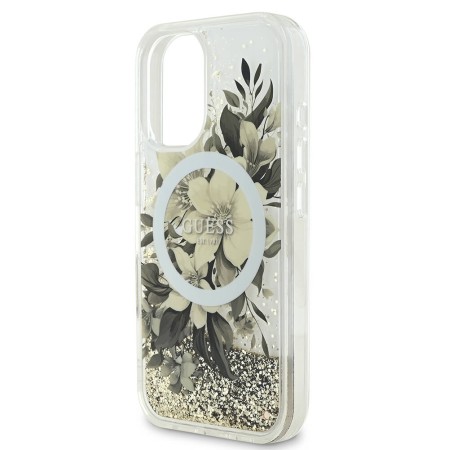 Husa pentru iPhone 16 Pro Max - Guess Liquid Glitter Flower MagSafe (GUHMP16XLFMWTE) - Beige