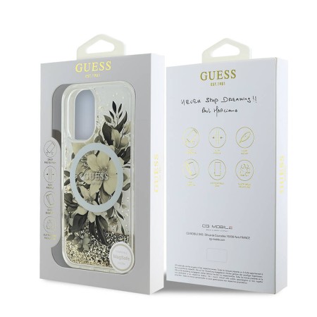 Husa pentru iPhone 16 Pro Max - Guess Liquid Glitter Flower MagSafe (GUHMP16XLFMWTE) - Beige