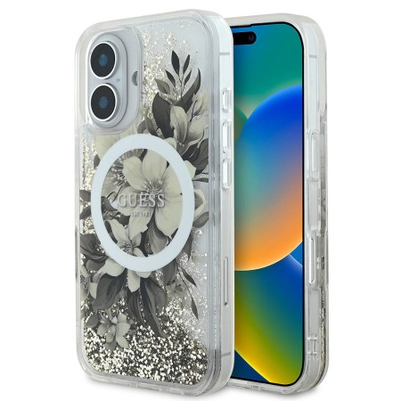 Husa pentru iPhone 16 - Guess Liquid Glitter Flower MagSafe (GUHMP16SLFMWTE) - Beige