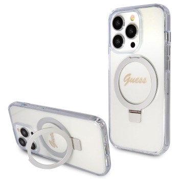 Husa pentru iPhone 15 Pro Max - Guess Ring Stand Script Glitter MagSafe (GUHMP15XHRSGSD) - Clear