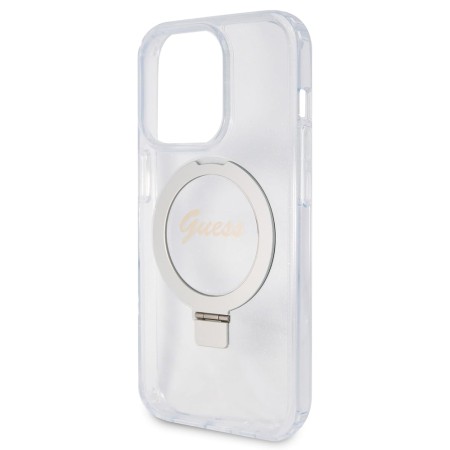 Husa pentru iPhone 15 Pro Max - Guess Ring Stand Script Glitter MagSafe (GUHMP15XHRSGSD) - Clear