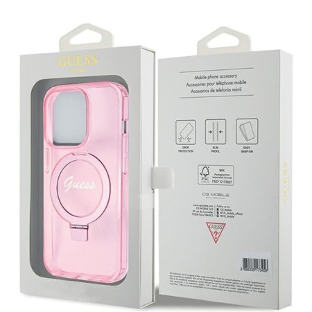 Husa pentru iPhone 15 Pro Max - Guess Ring Stand Script Glitter MagSafe (GUHMP15XHRSGSP) - Pink