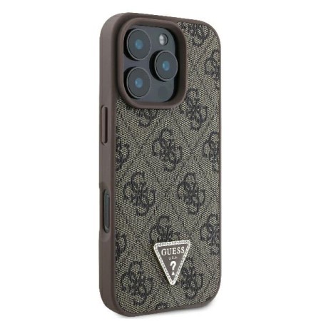 Husa pentru iPhone 16 Pro Max - Guess Leather 4G Triangle Strass (GUHCP16XP4TDPW) - Brown