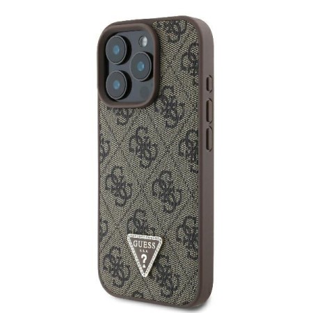 Husa pentru iPhone 16 Pro Max - Guess Leather 4G Triangle Strass (GUHCP16XP4TDPW) - Brown