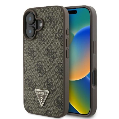 Husa pentru iPhone 16 - Guess Leather 4G Triangle Strass (GUHCP16SP4TDPW) - Brown