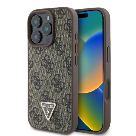 Husa pentru iPhone 16 Pro - Guess Leather 4G Triangle Strass (GUHCP16LP4TDPW) - Brown