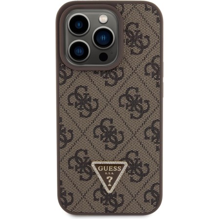 Husa pentru iPhone 15 Pro Max - Guess Leather 4G Triangle Strass (GUHCP15XP4TDPW) - Brown