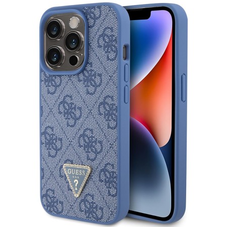 Husa pentru iPhone 15 Pro - Guess Leather 4G Triangle Strass (GUHCP15LP4TDPB) - Blue