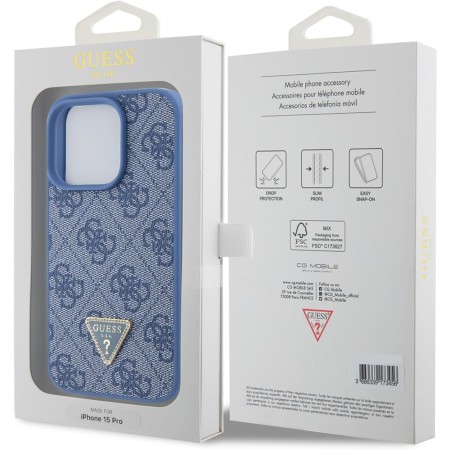 Husa pentru iPhone 15 Pro - Guess Leather 4G Triangle Strass (GUHCP15LP4TDPB) - Blue