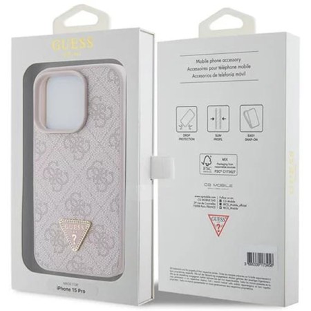 Husa pentru iPhone 15 Pro - Guess Leather 4G Triangle Strass (GUHCP15LP4TDPP) - Pink