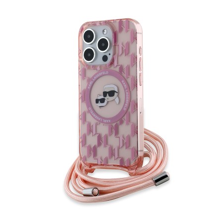 Husa pentru iPhone 15 Pro Max - Karl Lagerfeld IML Crossbody MagSafe (KLHMP15XHCKCKLCP) - Pink Monogram KarlandChoupette Head