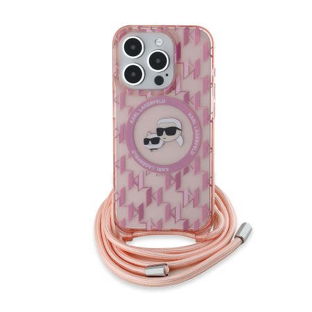 Husa pentru iPhone 15 Pro Max - Karl Lagerfeld IML Crossbody MagSafe (KLHMP15XHCKCKLCP) - Pink Monogram KarlandChoupette Head