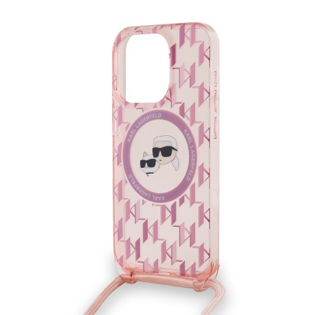 Husa pentru iPhone 15 Pro Max - Karl Lagerfeld IML Crossbody MagSafe (KLHMP15XHCKCKLCP) - Pink Monogram KarlandChoupette Head