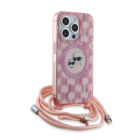 Husa pentru iPhone 15 Pro Max - Karl Lagerfeld IML Crossbody MagSafe (KLHMP15XHCKCKLCP) - Pink Monogram KarlandChoupette Head