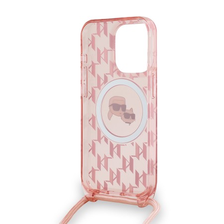 Husa pentru iPhone 15 Pro Max - Karl Lagerfeld IML Crossbody MagSafe (KLHMP15XHCKCKLCP) - Pink Monogram KarlandChoupette Head