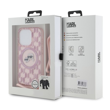 Husa pentru iPhone 15 Pro Max - Karl Lagerfeld IML Crossbody MagSafe (KLHMP15XHCKCKLCP) - Pink Monogram KarlandChoupette Head