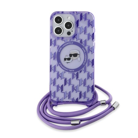 Husa pentru iPhone 15 Pro Max - Karl Lagerfeld IML Crossbody MagSafe (KLHMP15XHCKCKLCU) - Purple Monogram KarlandChoupette Head