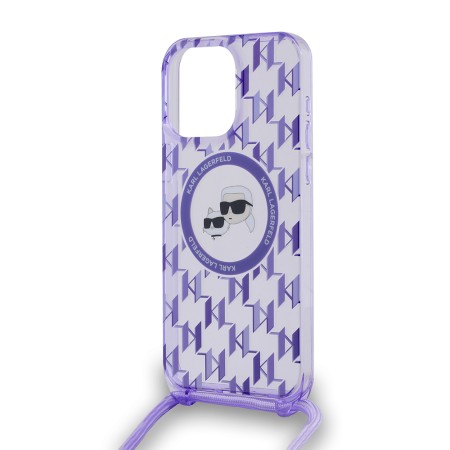 Husa pentru iPhone 15 Pro Max - Karl Lagerfeld IML Crossbody MagSafe (KLHMP15XHCKCKLCU) - Purple Monogram KarlandChoupette Head