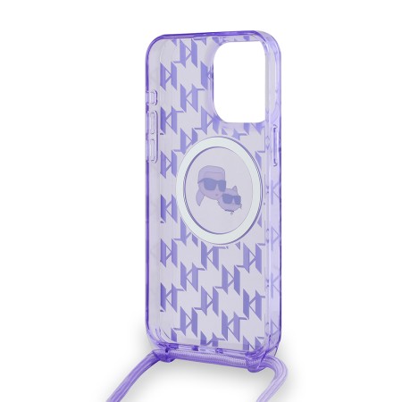 Husa pentru iPhone 15 Pro Max - Karl Lagerfeld IML Crossbody MagSafe (KLHMP15XHCKCKLCU) - Purple Monogram KarlandChoupette Head