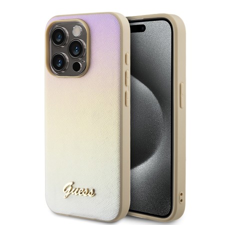 Husa pentru iPhone 15 Pro - Saffiano Iridescent Script (GUHCP15LPSAIRSD) - Gold