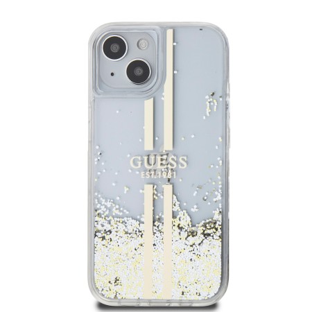 Husa pentru iPhone 15 / iPhone 14 / iPhone 13 - Guess Liquid Glitter Gold Stripes (GUHCP15SLFCSEGT) - Transparent