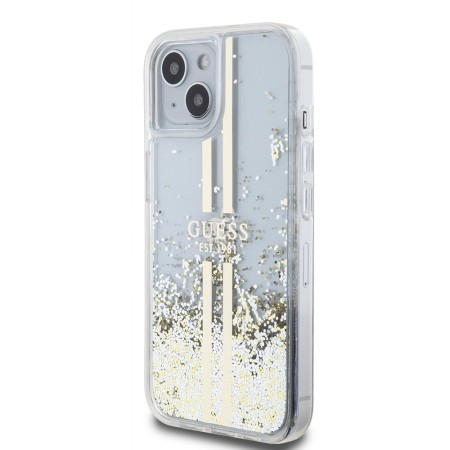 Husa pentru iPhone 15 / iPhone 14 / iPhone 13 - Guess Liquid Glitter Gold Stripes (GUHCP15SLFCSEGT) - Transparent