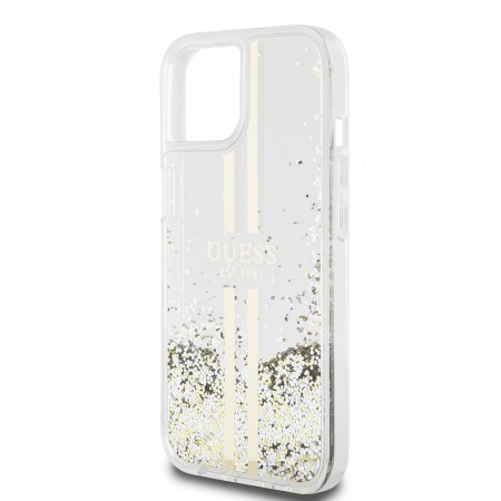 Husa pentru iPhone 15 / iPhone 14 / iPhone 13 - Guess Liquid Glitter Gold Stripes (GUHCP15SLFCSEGT) - Transparent