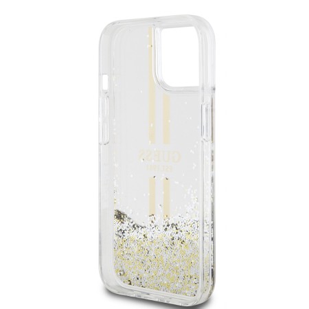 Husa pentru iPhone 15 / iPhone 14 / iPhone 13 - Guess Liquid Glitter Gold Stripes (GUHCP15SLFCSEGT) - Transparent