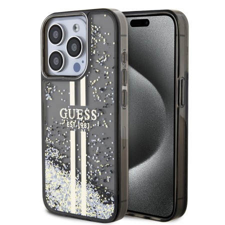 Husa pentru iPhone 15 Pro - Guess Liquid Glitter Gold Stripes (GUHCP15LLFCSEGK) - Black