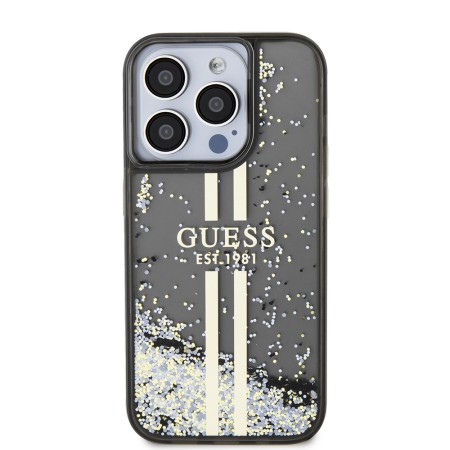 Husa pentru iPhone 15 Pro - Guess Liquid Glitter Gold Stripes (GUHCP15LLFCSEGK) - Black