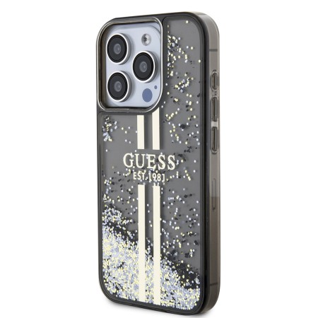 Husa pentru iPhone 15 Pro - Guess Liquid Glitter Gold Stripes (GUHCP15LLFCSEGK) - Black