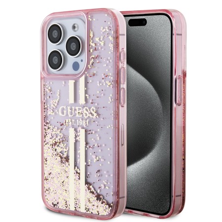 Husa pentru iPhone 15 Pro - Guess Liquid Glitter Gold Stripes (GUHCP15LLFCSEGP) - Pink